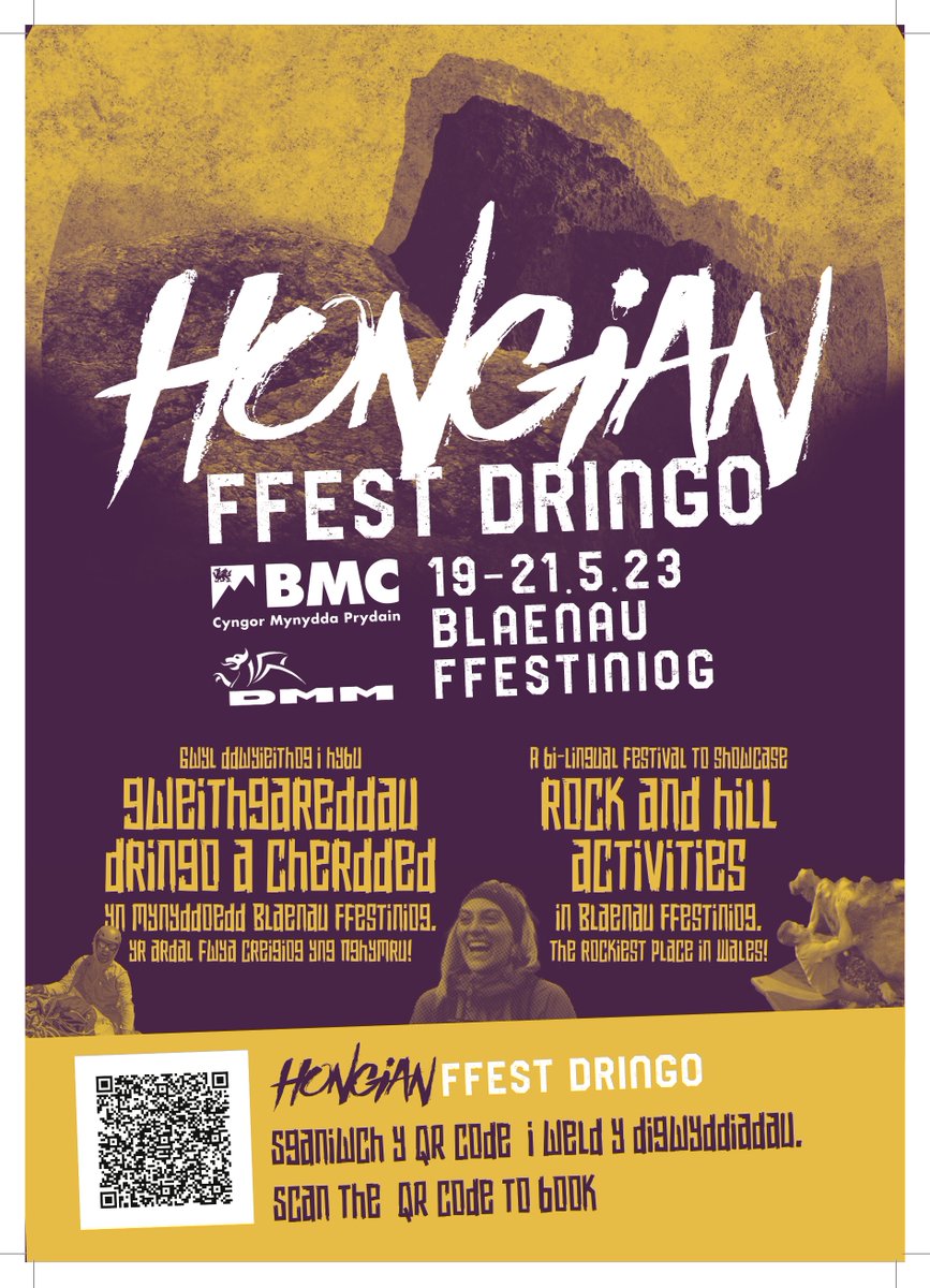 Gwyl Hongian Ffest 🏴󠁧󠁢󠁷󠁬󠁳󠁿 👊 Mai 19-21
Gwyl ddwyieithog i hybu gweithgareddau dringo a cherdded yn mynyddoedd Blaenau Ffestiniog. 🏴󠁧󠁢󠁷󠁬󠁳󠁿 👊
Gwyl Ddringo, bowldro a cherdded i bobl y mynyddoedd.
Dewch i ymuno a ni yn yr ardal fwya creigiog yng Nghymru 🏴󠁧󠁢󠁷󠁬󠁳󠁿 
Sganiwch y cod i gael  Tocyn 🏴󠁧󠁢󠁷󠁬󠁳󠁿