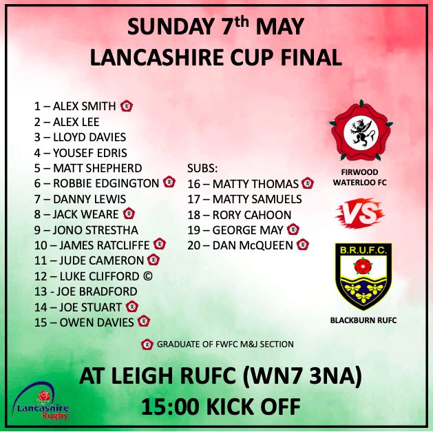 Teamsheet for tomorrows @lancashirerugby Cup Final 💪🏽

🔴⚪️🟢
