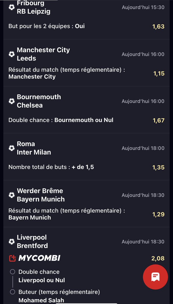 MtoPronos's tweet photo. COMBI FOOT @47.68⚽️
#SCFRBL :LDEM ~1,63
City ~1,15
Bournemouth/Nul ~1,67
#RomaInter :+1,5 buts ~1,35
Bayern ~1,29
Liv/Nul & Salah ~2,08
RCL/Nul & +0,5 buts ~1,57
Réal gagne la coupe ~1,12
TFC/Nul ~1,26
#NEWARS :LDEM ~1,46
PSG ~1,30
#CombiFoot
Si ça passe, 10€ parmi les RT 🤑 https://t.co/3eDT1E27ks