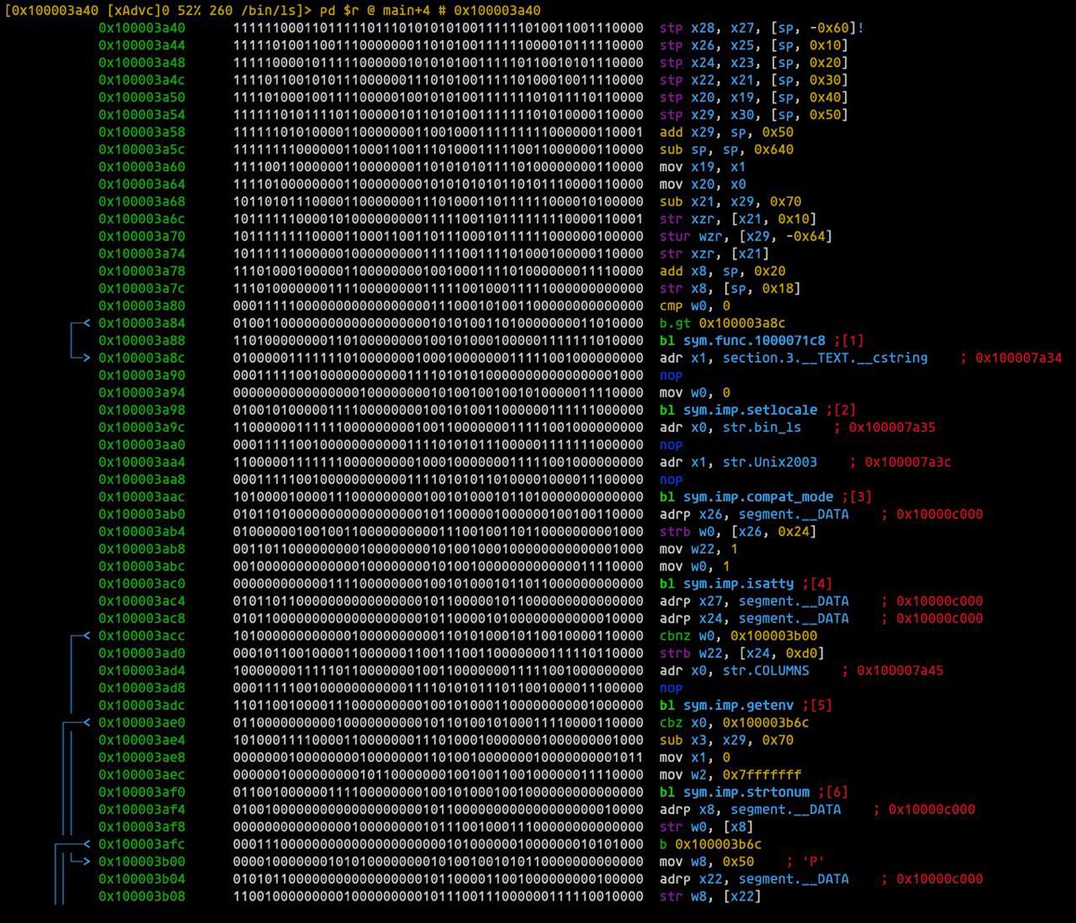The new asm.bytes.asbits display the instruction bytes in the disassembly in bits format, which is ideal for manually dissecting instructions, implementing or fixing disassemblers and better understanding of the architecture details