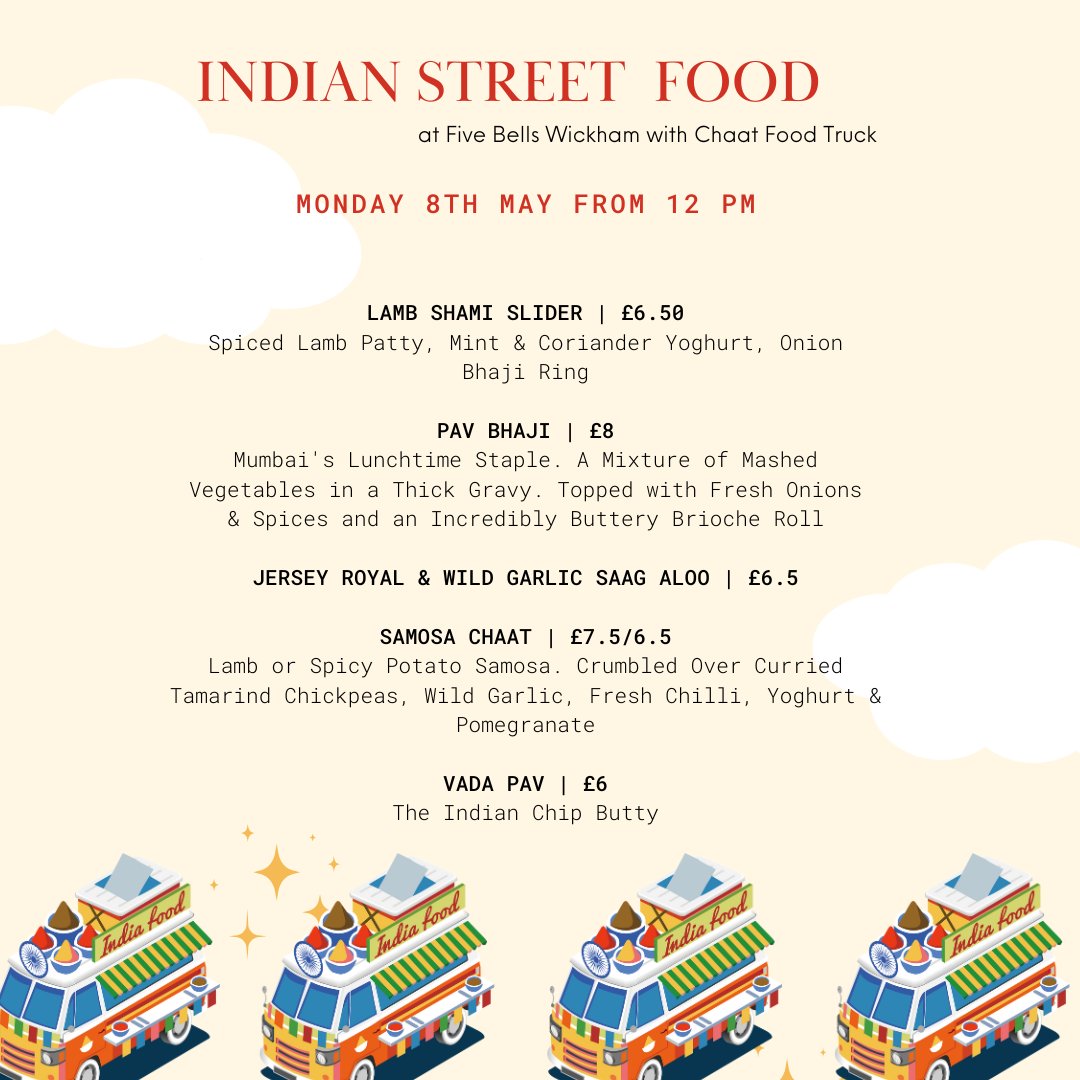 Monday 8th May from 12 PM!! @chaat_foodtruck will be at Five Bells serving delicious Indian Street Food! 😋

Don't miss out! ✨
.
.
.
#newbury #westberkshire #westberks #headley #hungerford #newburyberkshire #wickham