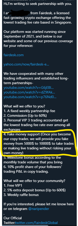 Crypto_Ed_NL's tweet photo. Good Morning, friendly reminder: stay away from @FairdeskGlobal 

Offering fake trading accounts already at first contact so you can fool your followers/their customers.
I'm convinced more exchanges do this (I was offered the same by 1 of the biggest) https://t.co/JLUPxIQQUZ