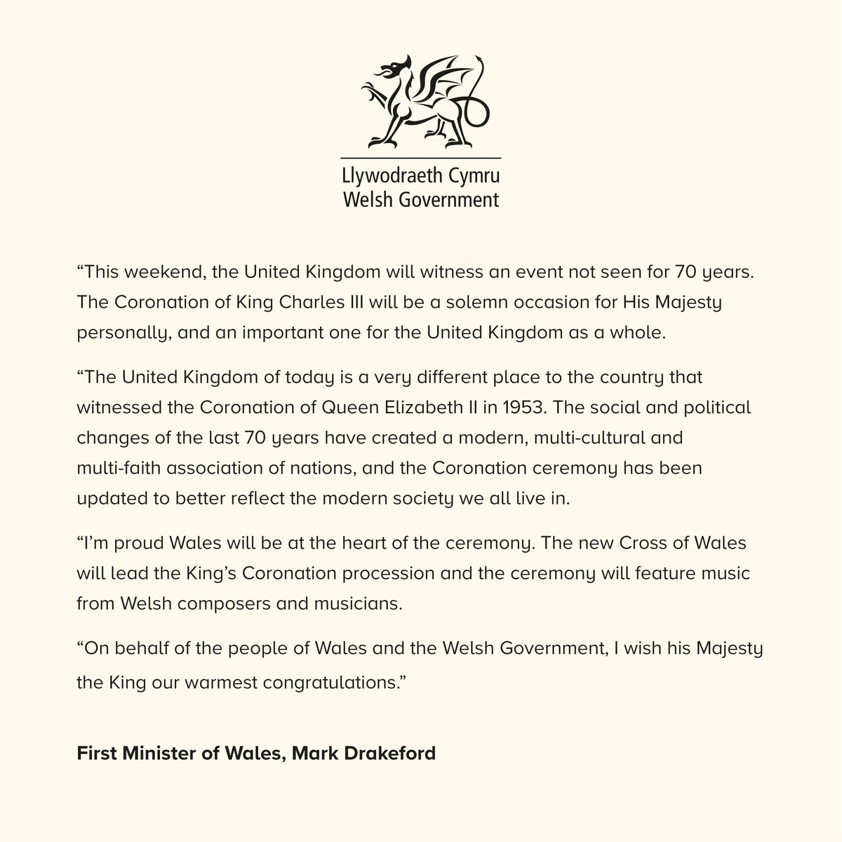 It’s an honour to attend the #Coronation of His Majesty King Charles III today.

The use of the new Cross of Wales and music from Welsh composers and artists puts Wales at the heart of today’s celebrations.

We send the King our congratulations and warmest wishes.