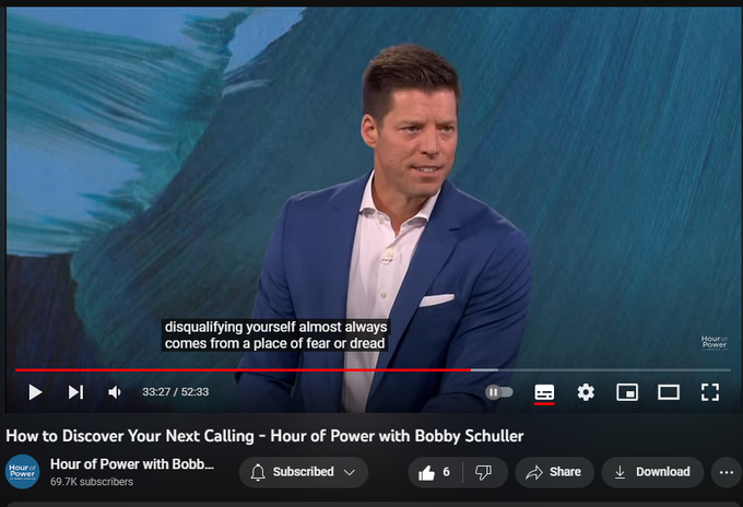 48 views  6 May 2023
Pastor Bobby teaches that when you want to find your calling, understand that in God’s kingdom, it begins by the little things that don’t have a lot of glory. So be faithful in the little things and God will trust you with the big things, with today’s message: “How to Discover Your Next Calling.”

This week’s interview guest is Timothy Mahoney. Worship led bySarah Grandpre, Aaron Al-Imam and The Hour of Power Choir. They are accompanied by the Hour of Power Orchestra.

FREE EBOOK: Godly Meditations: 5 Practical Steps to Building a Vibrant Rhythm of Life click here https://bit.ly/GodlyMeditationsEbook

Subscribe on Youtube to receive weekly messages of hope from Bobby! https://bit.ly/3yMUtEr

If you would like to support Hour of Power you can give through our website by clicking here https://bit.ly/3fqXrI8

Follow on social:
Facebook: https://bit.ly/3gXbOUS
Instagram: https://bit.ly/3FFf3ut

About Hour of Power:
Each week Pastor Bobby Schuller inspires viewers aroun