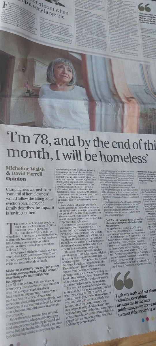 78 &amp; about to be made homeless with her husband 
The lifting of eviction ban was one of Cruelest decisions a government has made
Knowing this human catastrophe would result
It also results from ideology that dispensed with social housing &amp; handed it to the market
<a href="/IrishTimesOpEd/">Irish Times Opinion</a>