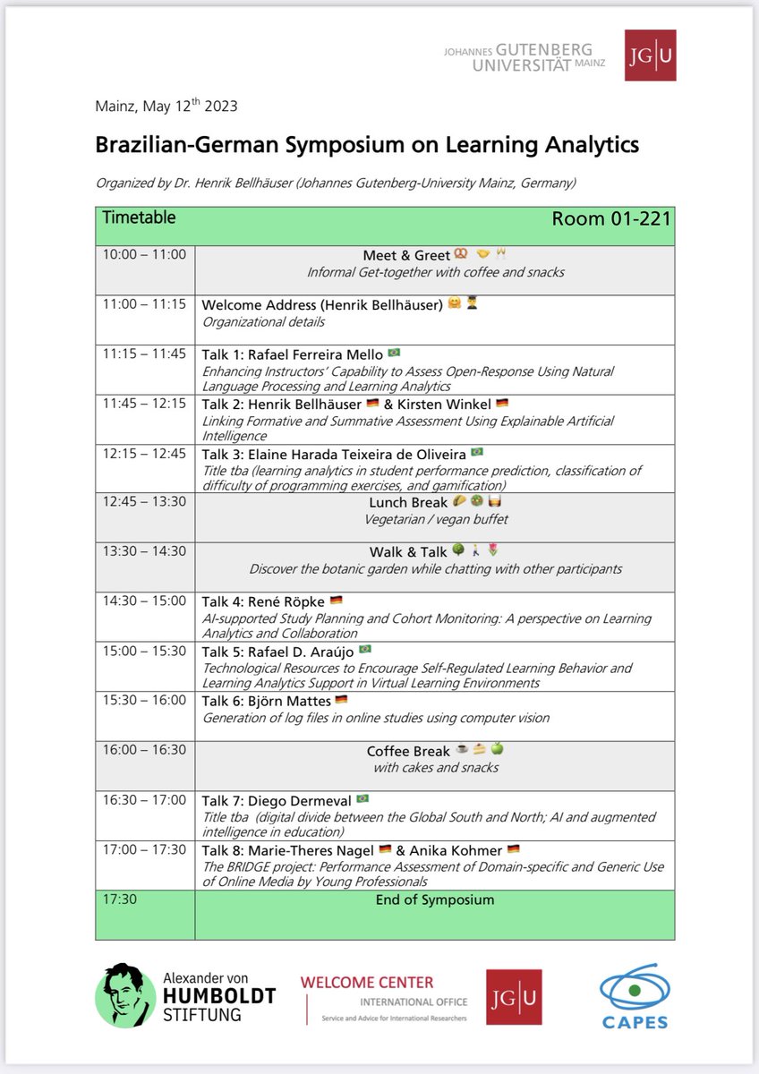 Next week, 5 awesome computer scientists (@flmrafael, Elaine Oliveira, Rafael Araújo, @isagasp, @diegodermeval) from 🇧🇷 come visit me in Mainz and afterwards @HDrachsler in Frankfurt. Our common topic is #LearningAnalytics and #EducationalTechnology.