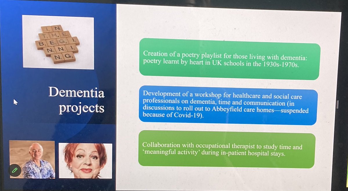 #Dementia project work. Fascinating & uplifting hearing about this work in #SpeakingForEnglish ⁦@EnglishAssoc⁩ ⁦@UnivEnglish⁩ ⁦@IES_London⁩ series - sharing impact of amazing work happening in #EnglishStudies #EnglishCreates #WorkingTogether