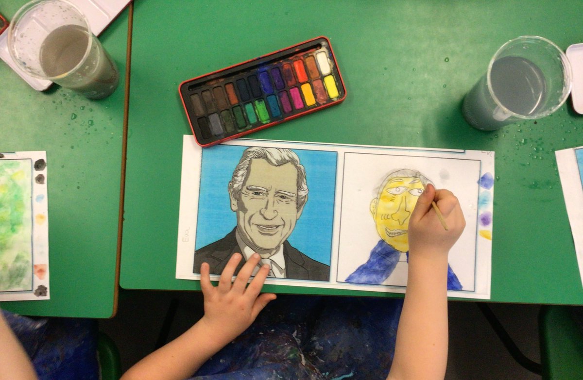 morandtac's tweet photo. As part of celebrating the coronation this week, Oak Class have been sketching and painting portraits of King Charles III using watercolours. https://t.co/kPFHKxo97K