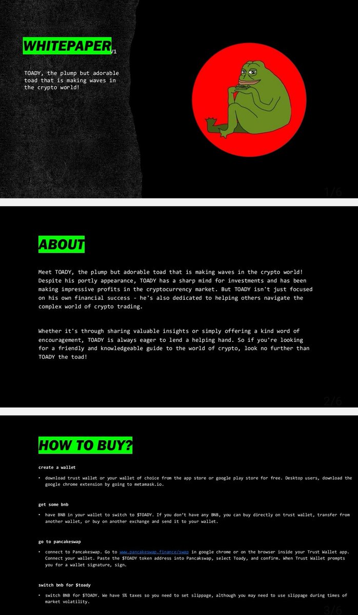 #TOADY's whitepaper is now ready! Will be updated on the website very soon.

You can open the whitepaper document by simply texting /whitepaper in this telegram community chat.

Community: t.me/TOADY_PORTAL

#BSC #BSCGEM #PEPE $TOADY