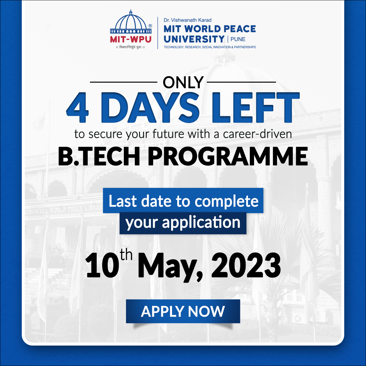 vidyavision_com's tweet photo. Only 4 Days Left to Secure Your Future With a Career Driven https://t.co/75bWtDbXyb Programme.

Last date to complete your application 10th May 2023

Apply Now - https://t.co/OkZvqMtEhm

#mitwpu #mitwpuadmission #btechadmission #Admissionopen #mituniversity #btech https://t.co/w8OUX5M04u
