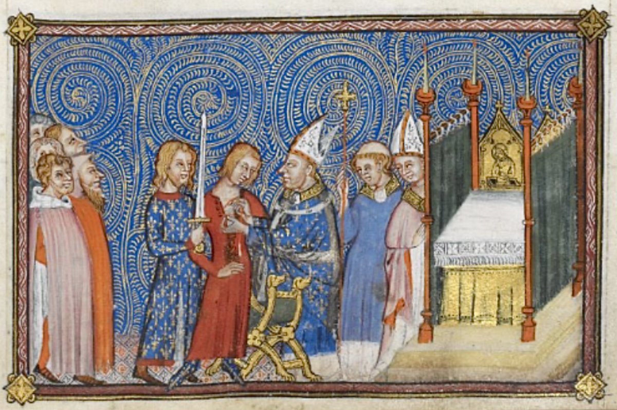The Archbishop of Reims preparing the holy balm; and the Archbishop of Reims unfastening the King’s tunic
#Coronation     
BL Cotton MS Tiberius B VIII/2; Coronation Book of Charles V, King of France; 1365 CE-1380 CE; France (Paris); ff.50v, 51r, <a href="/BLMedieval/">Medieval Manuscripts</a>
