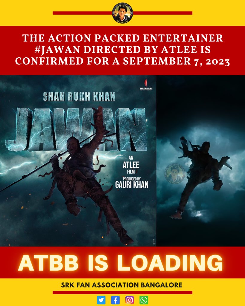 Srk_bangalore's tweet photo. The action packed entertainer, directed by #Atlee, is CONFIRMED for a September 7 2023

ATBB is loading!!

#Jawaan #ShahRukhKhan𓀠 https://t.co/3MxOpgeJNv