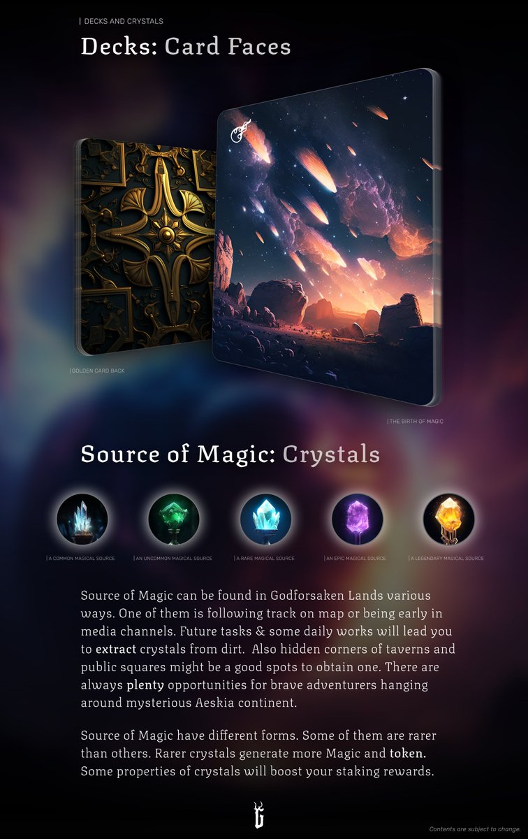 Greeting adventurers!   

Introducing you Decks &amp; Crystals, a sneak peek from whitepaper. Suggest you to observe image in a new tab. Enjoy!

3 Risen role who RT+❤️+Tag adventurers.

#CNFT #CNFTCommunity #CNFTProject #Cardano #CardanoCommunity #CardanoNFT