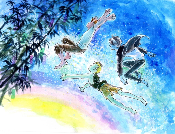 一次創作絵の再掲。背景を水彩でざくっと塗るのが楽しい。