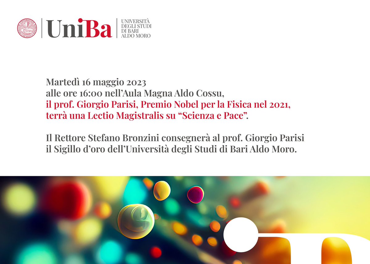 Mar 16/05, l’Uni. di Bari consegnerà il sigillo d’oro al Prof. Parisi, premio Nobel per la Fisica. <a href="/unibait/">Uniba.it Aldo Moro</a> <a href="/WePhysics/">WePhysics</a> <a href="/AisfBari/">AISF BARI</a>