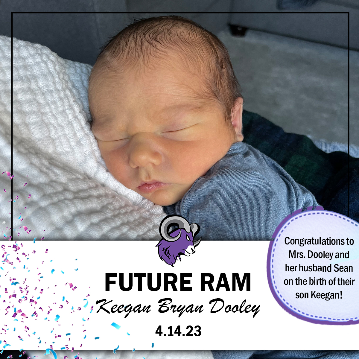 shawtech_hs's tweet photo. FUTURE RAM ANNOUNCEMENT:π£ Welcome to the #ShawTechRamFam Keegan! The #ShawTech community wishes math teacher Kim Dooley and husband Sean, all the joy and well wishes on their new bundle of joy! #babynews #ShawTechFutureRam https://t.co/IOErQ57gNb