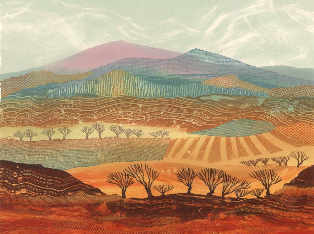 printreb's tweet photo. Autumn's End: a patchwork of warm colours and patterns that suggest the shapes of fields and hills without being too literal. The land seems to have a soft warmth and the trees a spikey simplicity. Made a few years ago - original now sold #autumnfall #Autumn #patchwork https://t.co/QkDBnmRnba