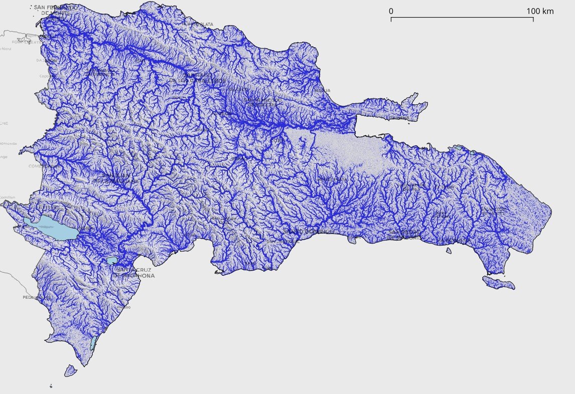 geografiard's tweet photo. Explicar la hidrografía dominicana y su jerarquía (e.g. orden de red) es mejor con mayor detalle. Cada línea representa la topografía más deprimida del valle o vaguada; no necesariamente lleva agua (el error es mayor en el karst, en ciudades y en áreas de riego) https://t.co/3qJzrLCqOx