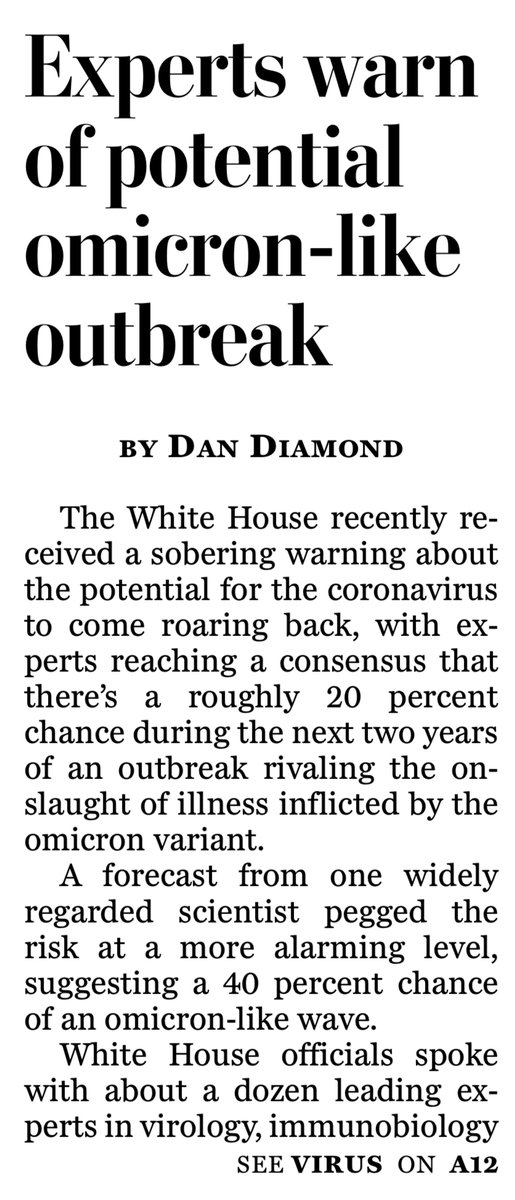 EricTopol's tweet photo. Estimated 20% chance in the next 2 years. Why we need to be ready with better vaccines (nasal and pan-coronavirus) and treatments
https://t.co/nlyRFOplu6
front page @washingtonpost https://t.co/bRkeZrjvA3