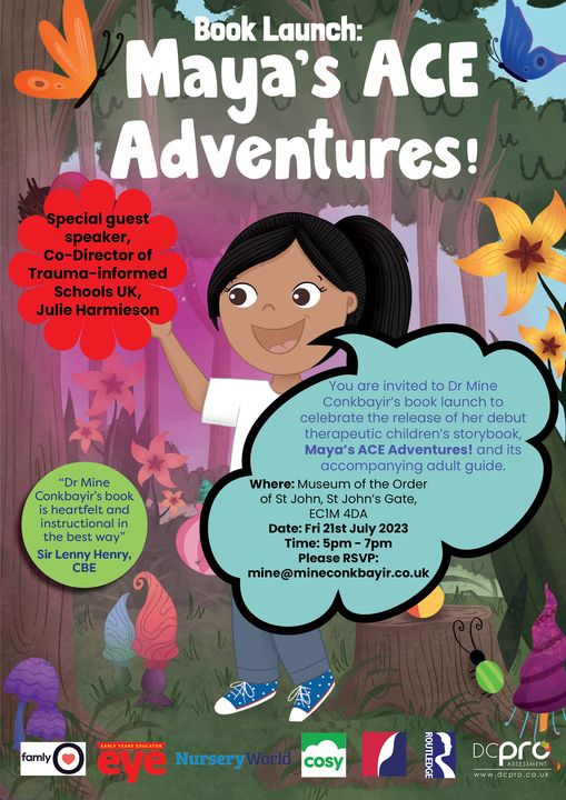 You're invited!
I'm very excited to announce the book launch of my debut children's therapeutic storybook, 'Mayas ACE Adventures!' &amp; its accompanying adult guide.
The trailblazing <a href="/JulieHarmieson1/">Julie Harmieson</a> of <a href="/TISUK_/">Trauma Informed Schools UK</a> will be giving the keynote. Fab surprises in store too!
PM/email me 🥳
