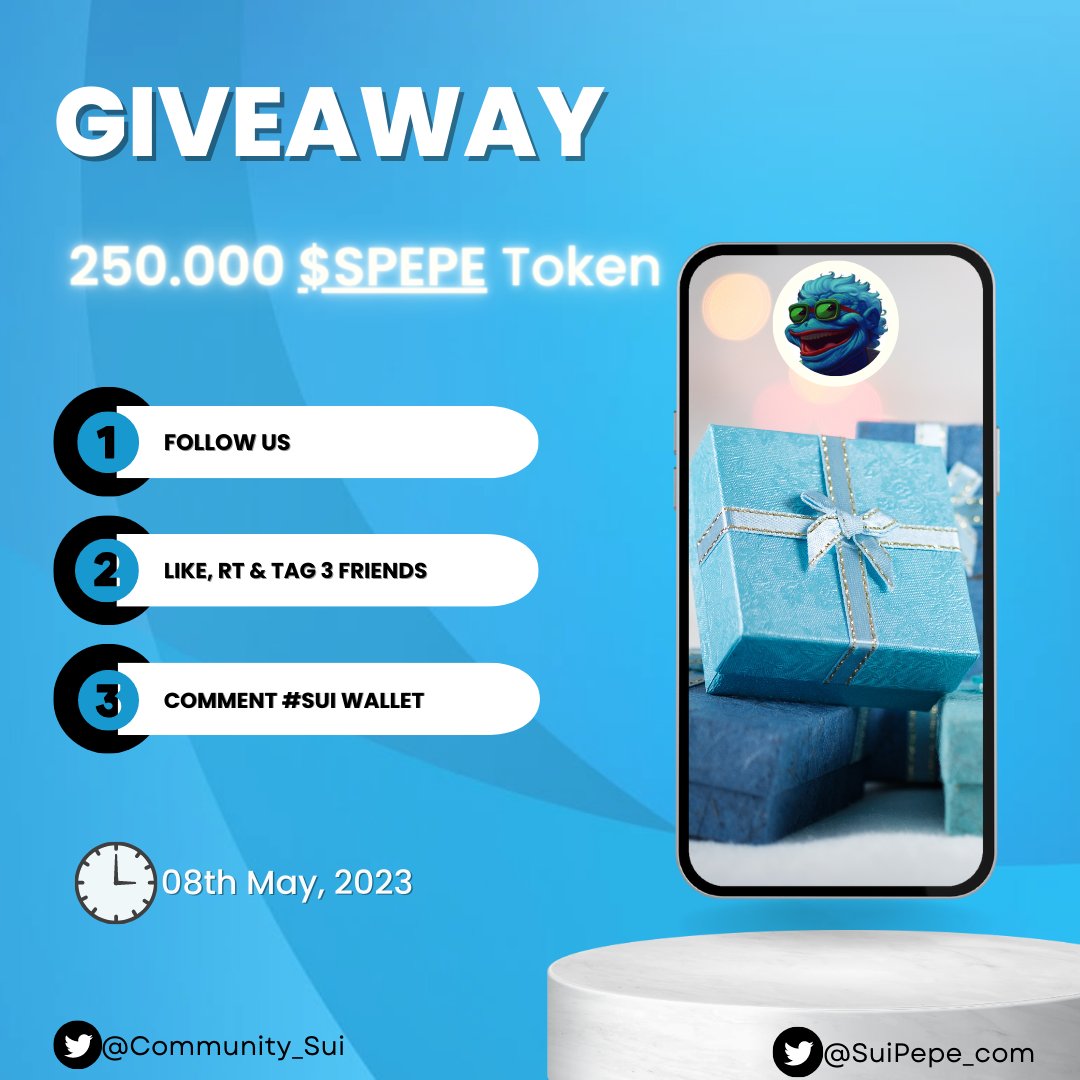GIVEAWAY EVENT⚡️

#Binance just lists 2 #memecoin and on Sui we also see another #Pepe😍Giving away tokens!

🎁Rewards: 250.000 $SPEPE Tokens

1. Follow @SuiPepe_com &amp; <a href="/Community_Sui/">Sui Community💧</a>
2.❤️, Retweet &amp; tag 3 friends
3. Drop your #Sui wallet address👇

#Sui #SuiCommunity #Suinami