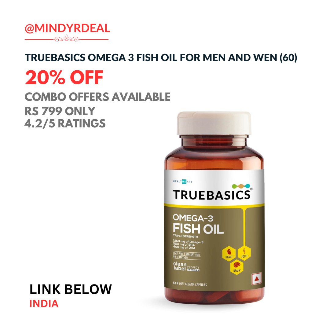 MindYourDeal's tweet photo. Rs 799 (20% off) on TrueBasics Omega 3 Fish Oil Capsules for Women & Men, 60
Deal (affiliate)- https://t.co/A7eETPr2H3
#deal #sale #discount #offer #trubasics #omega3 #omega3fishoil #fishoil #capsules #menshealth #womenshealth #follow #nutrition #health https://t.co/ilfYCZ6f1l