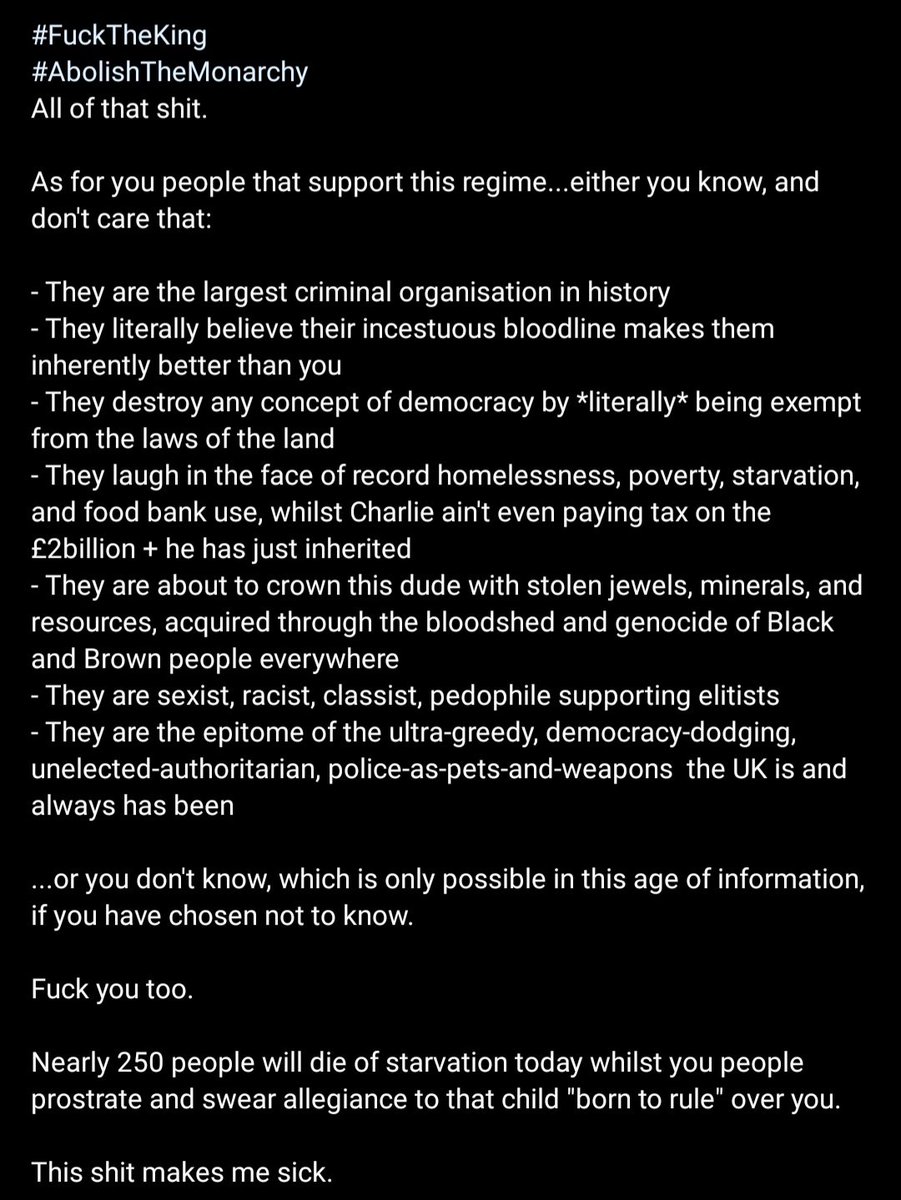 Friv_Arguments's tweet photo. Busy at a wedding, so the coronation won't be getting much attention from me...I'm just gonna leave this here, though.

#FuckTheKing
#AbolishTheMonarchy https://t.co/h4wLXoL1uk