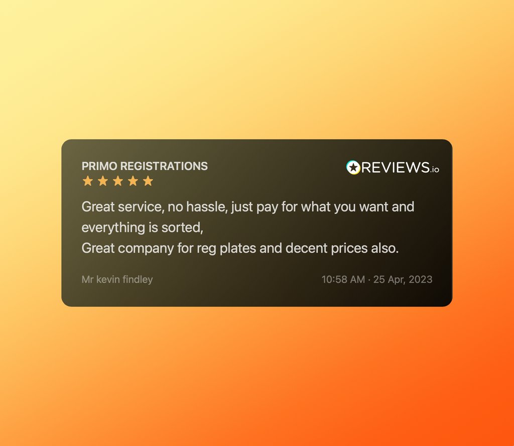 PrimoReg's tweet image. A lovely review from Mr Kevin Findley - it was a pleasure helping you Kevin! 
#customerservice #privatenumberplates #primoreg