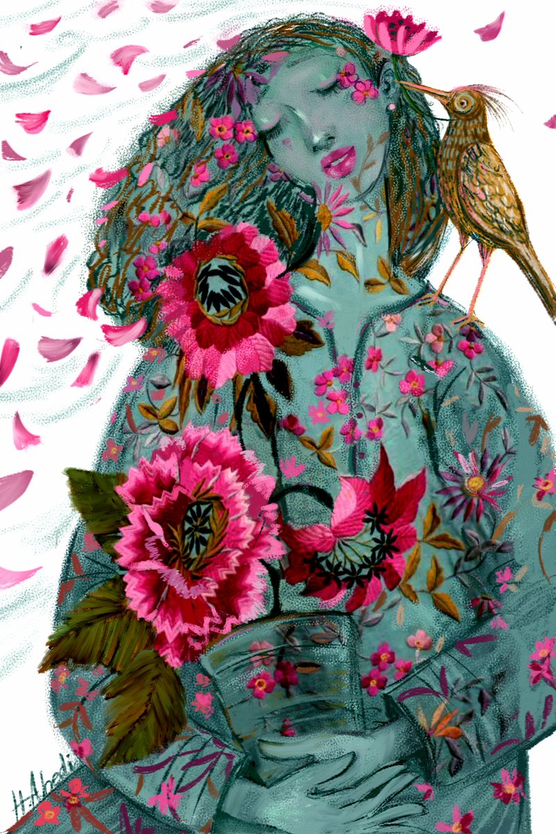Hana135050's tweet photo. Good evening
My Paula! You can be reborn through pain , I see you among the dahlias in our garden, inhaling their familiar perfume particles, and you will be filled with happiness as much as the day we met and immediately fell in love with each other.#NFT #nftart #illustrations https://t.co/gi6jnWfXDQ