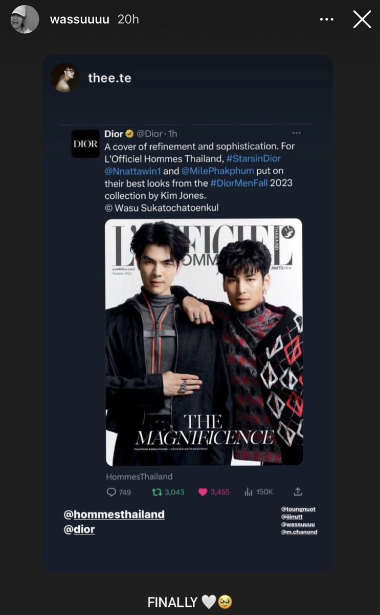 ทั้ง Dior Thailand ทั้งทีมงาน LOfficielHommes และช่างถ่ายรูปเขาดูตื่นกันมากที่Dior ลงโปรโมทให้ Twitter&IG Dior เราว่าDior ลงโปรโมทให้เองเพราะDior กำลังเปิดขาย #DiorMenFall2023 พอดีแล้วลงโปรโมทนิตยสารของ GBA ด้วย