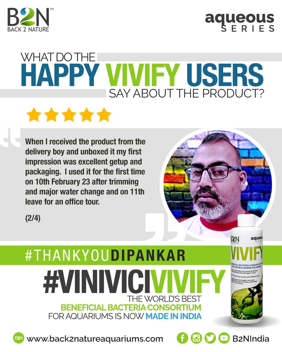 B2NIndia's tweet photo. Almost all VIVIFY users are happy with the product and they have their own experiences to share.

#Back2Nature #natureaquariumdesigners #India #Kolkata #OneFamily #HappyCustomers #VIVIFY #BeneficialBacteria #Consortium #Boom #AllInOne #aquascaping #aquascapingindia #aquascape https://t.co/SaAsqzG7Gn