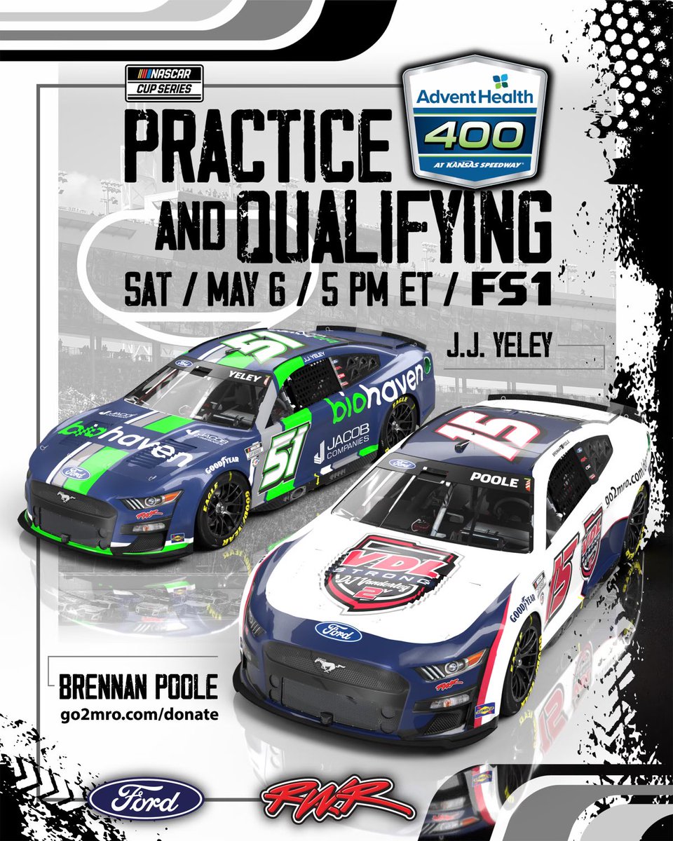 RickWareRacing's tweet photo. Coming up today from @kansasspeedway for @brennancpoole and @jjyeley1 , practice and qualify. See graphic for info and the link below to help the VanderLey family.
https://t.co/pDLgckO0E6
@biohaven
@Jacob_Companies
@fordperformance
@nascar
@FollowMRO
#vdlstrong https://t.co/V03XdbA6cb