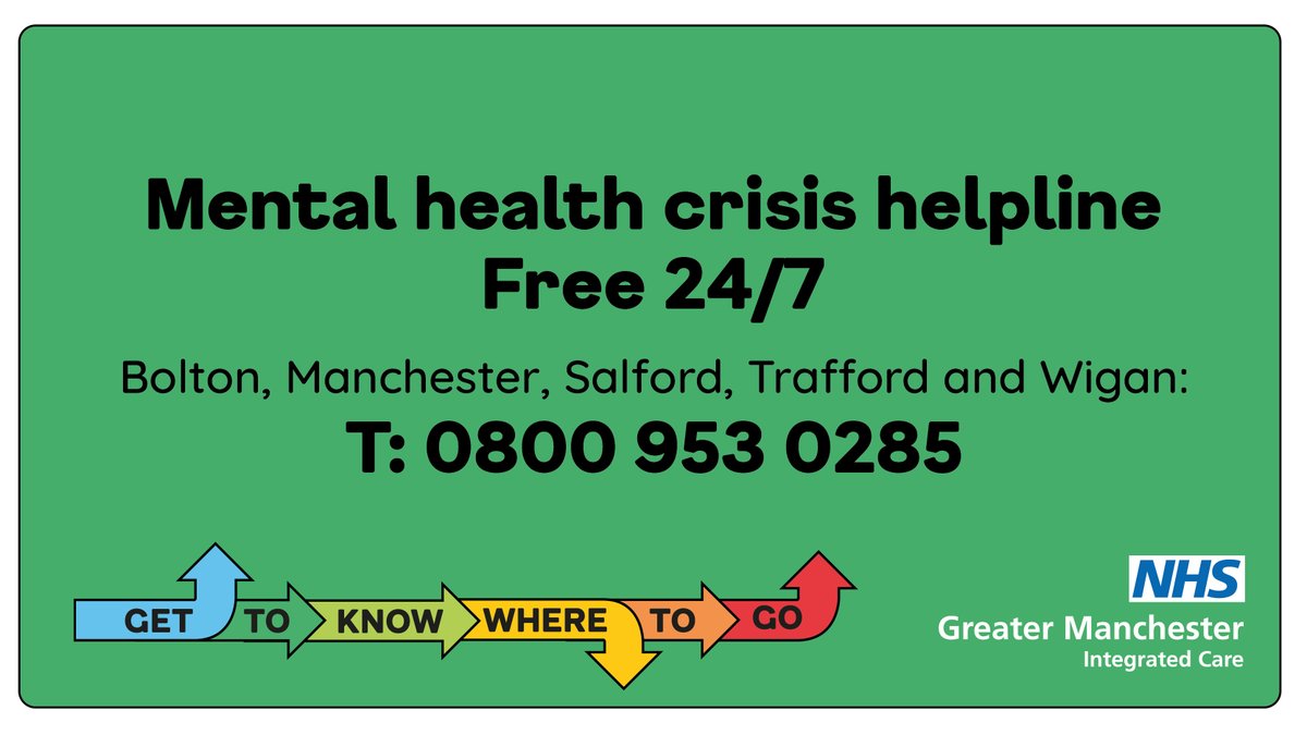 The mental health crisis helpline is there if you’re concerned about yourself, a loved one, neighbour, friend or family member. It’s open 365 days per year and is free of charge.
If there is an immediate risk or danger to life call 999.
Visit 👉 gmintegratedcare.org.uk/GTKWTG.

#GTKWTG