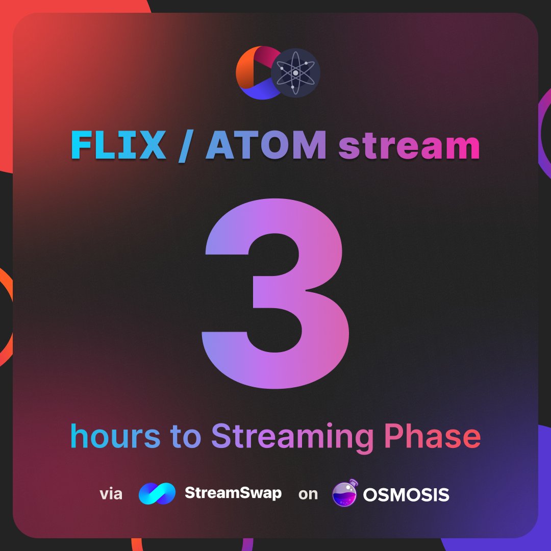 🔥 Only 3hrs left until the epic FLIX/ATOM Streaming Phase begins via <a href="/StreamSwap_io/">StreamSwap ⚡️⚡️</a> on <a href="/osmosiszone/">Osmosis Zone</a>!

Buckle up, Flix Fam! 🎬

Participate with $ATOM : app.StreamSwap.io

$FLIX <a href="/FlixFanatics/">$FLIX-Fanatics</a> <a href="/Cosmos/">Cosmos - The Interchain ⚛️</a>
