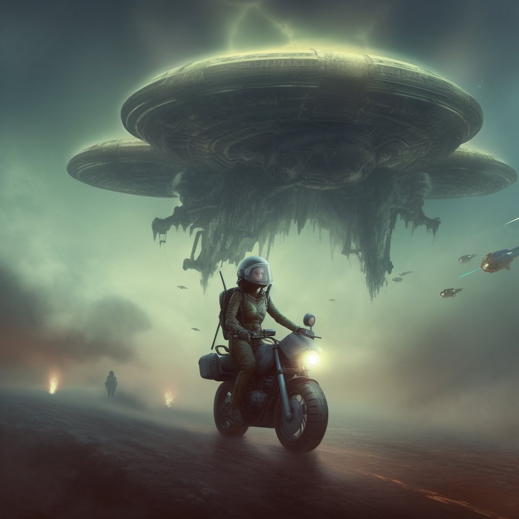 Parisa2991's tweet photo. I tried to explain one of my #dreams to #Midjourney. In the dream, there was a huge, tall alien named #Efri who was in #battle with a woman from #Earth. The woman was trying to save her planet from #invaders during an #apocalypse. https://t.co/UI2EL3epB8