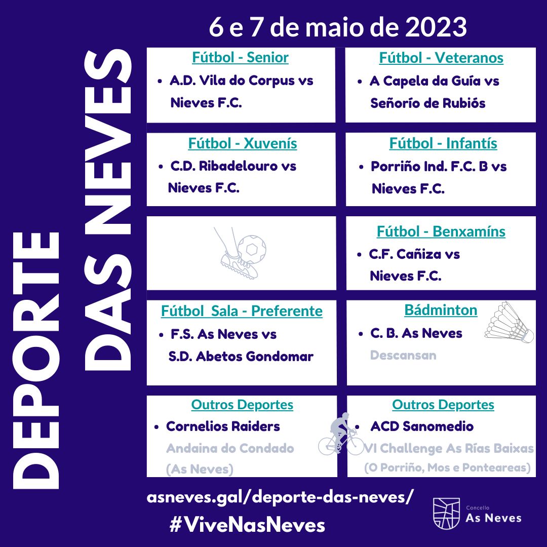 🏸⚽️🚵 Xa podes consultar   toda a actividade deportiva desta fin de semana nas Neves👇
asneves.gal/deporte-das-ne…
#ViveNasNeves
