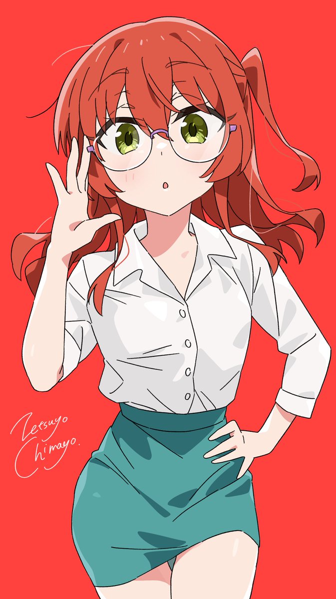 1girl solo skirt shirt glasses green eyes white shirt  illustration images