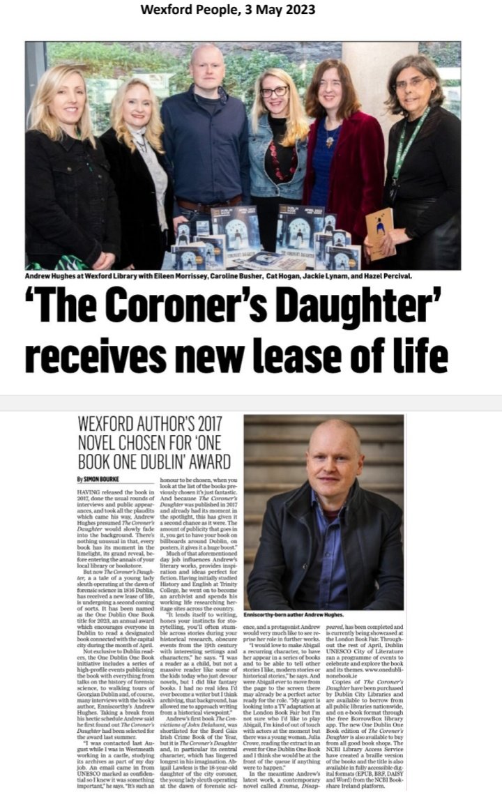 Lovely piece @Wexford_People about @And_Hughes and The Coroner's Daughter as this year's #1dublin1book We had a wonderful event last month with @wexlibraries with Andrew @Kittycathogan & @CarolineBusher thanks to Hazel Percival & @wxlibrarian