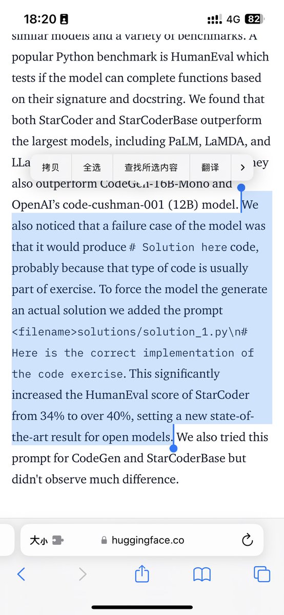 Peng1M's tweet image. A really interesting observation from #StarCoder

Adding a magic prompt &quot;&amp;lt;filename&amp;gt;solutions/solution_1.py\n# Here is the correct implementation of the code exercise.&quot; increase 6% accuracy 😃