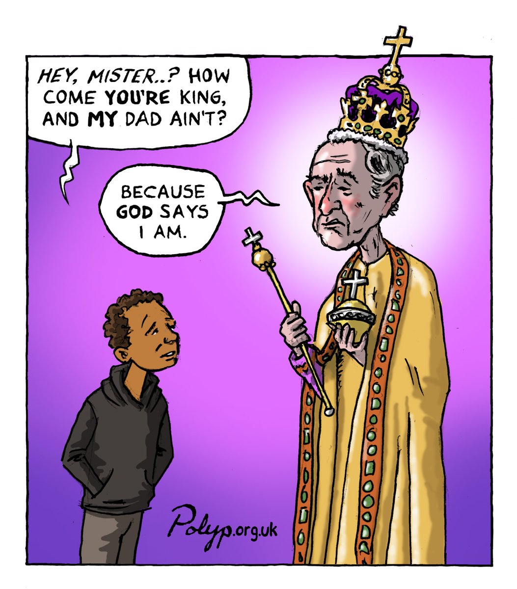 A cartoon by Polyp for today’s #Coronation ceremony at which our head of state will be anointed, blessed, and pronounced "King over the peoples, whom God has given you to rule and govern."

Invocations of the divine right of kings should be left in the past.

<a href="/SbonesTompaine/">Tom Paine's Bones</a>