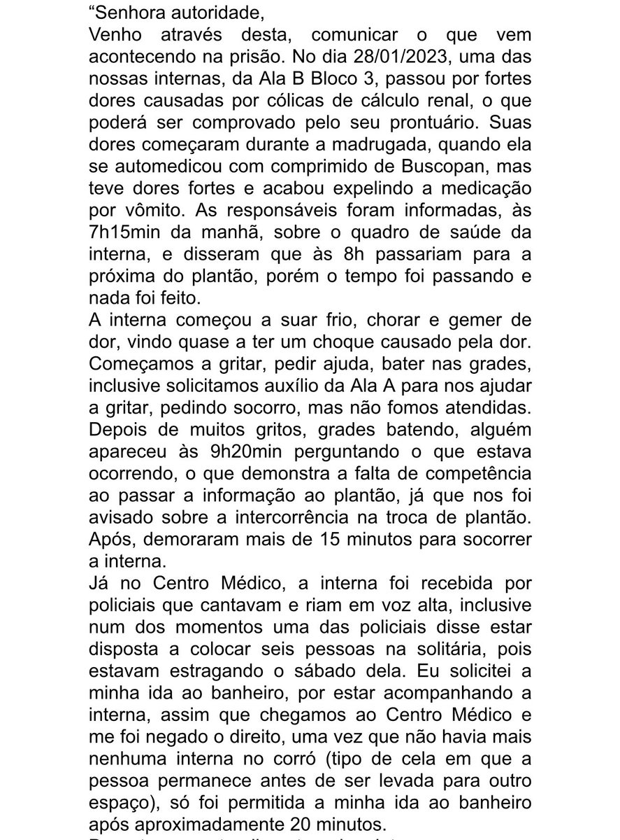 movadvdireitabr's tweet photo. TRATAMENTO DESUMANO

📍Presas da Colmeia relatam descaso das autoridades através de carta:

“Senhora autoridade, solicitamos um tratamento mais humano ou teremos que perder uma vida para que deem atenção à nossa saúde. Temos pessoas com depressão e tentativas de suicídio. Por favor, deem atenção para a nossa alimentação, totalmente sem nutrientes, alimentos crus, inclusive carne de porco. Nossa imunidade está baixa e estamos à mercê da morte.”

🚨COMPARTILHEM! Precisamos de ajuda.