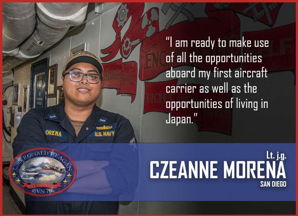 Welcome aboard Lt. j.g. Czeanne Morena! Morena is one of the newest officers aboard #Warship76 and is the division officer of A-division. Graphic by MC3 Charlotte Dudenhoeffer