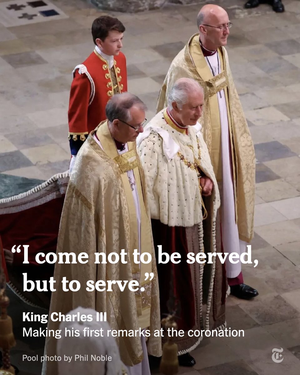 nytimes's tweet photo. In his first remarks of the coronation ceremony, King Charles III set the theme for the intimate yet grand proceedings. He will be anointed with holy oil, and the archbishop of Canterbury will place the crown of St. Edward on his head.

Watch live. https://t.co/8sGjaCtIxv https://t.co/qjN10FrgkR