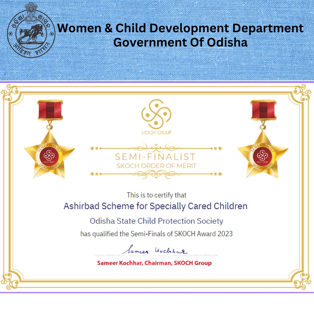 WCDOdisha's tweet image. Proud to see our state&apos;s Ashirbad program being recognized nationally for its efforts in caring and protecting children who lost parents during the COVID-19 pandemic. Congratulations on receiving the #SKOCH Award of merit! #Ashirbad #OSCPS
@MinistryWCD @OSCPSODISHA @Shubha_Sarma