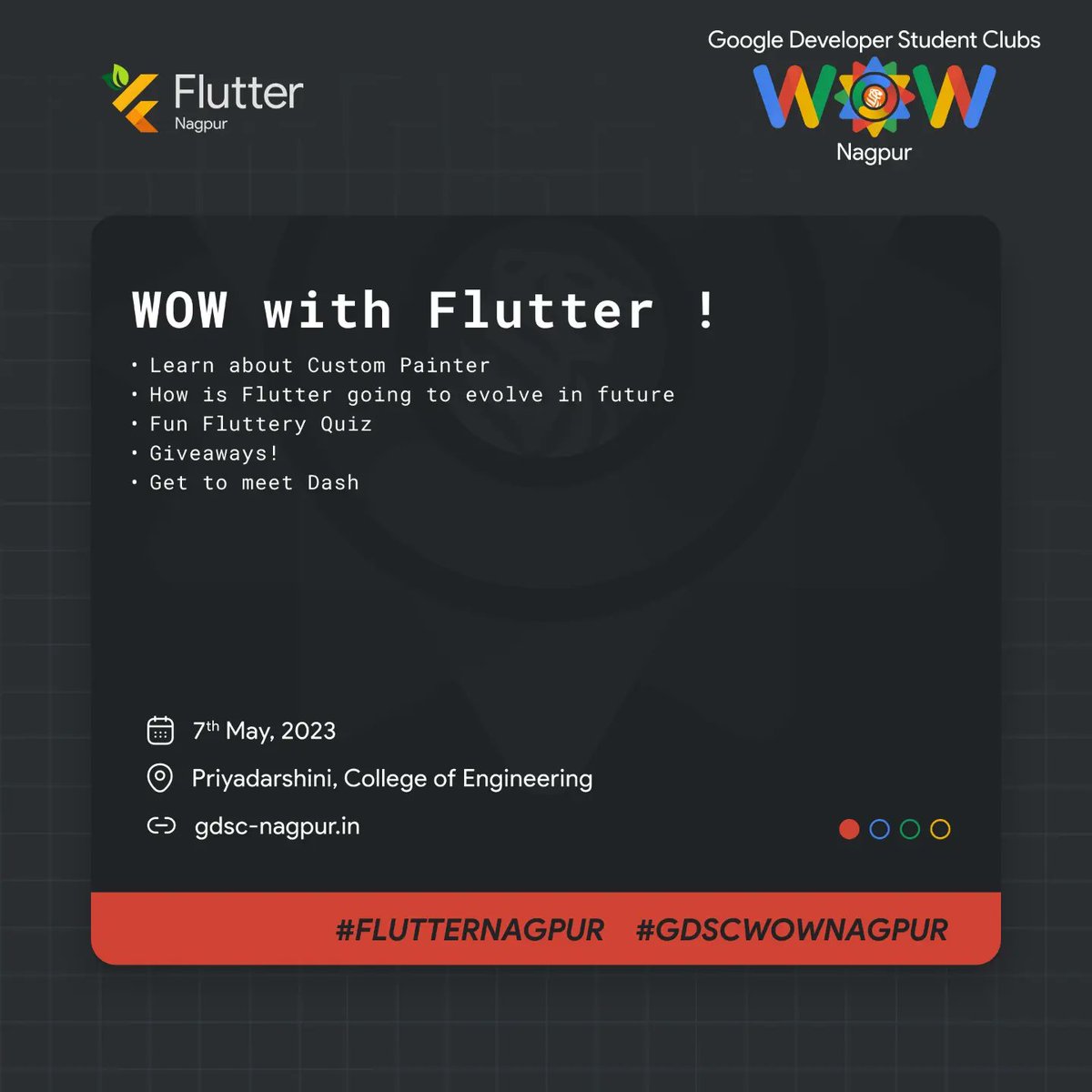 FlutterNagpur's tweet image. Hey #FlutterVerse ,
We&apos;re up with yet another community meet-up at #GDSCWOWNAGPUR on May 7, 2023 from 10 am onwards at Priyadarshini College of Engineering, Nagpur. 
Register: gdsc-nagpur.in

#flutter