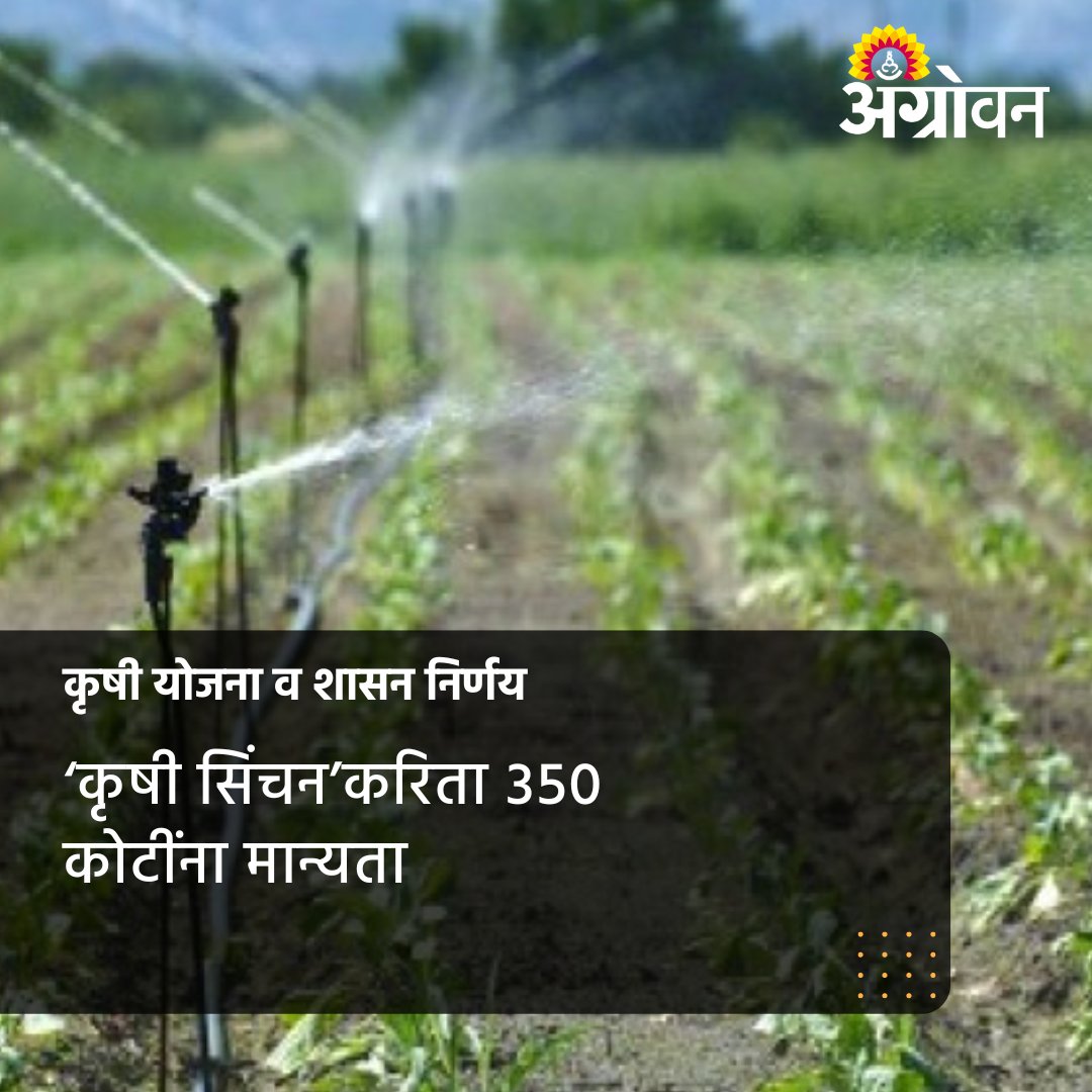 AGROWON's tweet photo. शाश्वत कृषी सिंचन योजनेची चालू २०२३-२४ मध्येही अंमलबजावणी करण्यात येणार आहे. त्यासाठी ३५० कोटी रुपयांच्या निधीस नुकतीच (२६ एप्रिल) प्रशासकीय मान्यता देण्यात आली आहे.
सविस्तर वाचा https://t.co/HVX3ixchjE
#Farmerscheme #Krushisinchan #Agrowon #Agroguide https://t.co/xAa5VlTnk3
