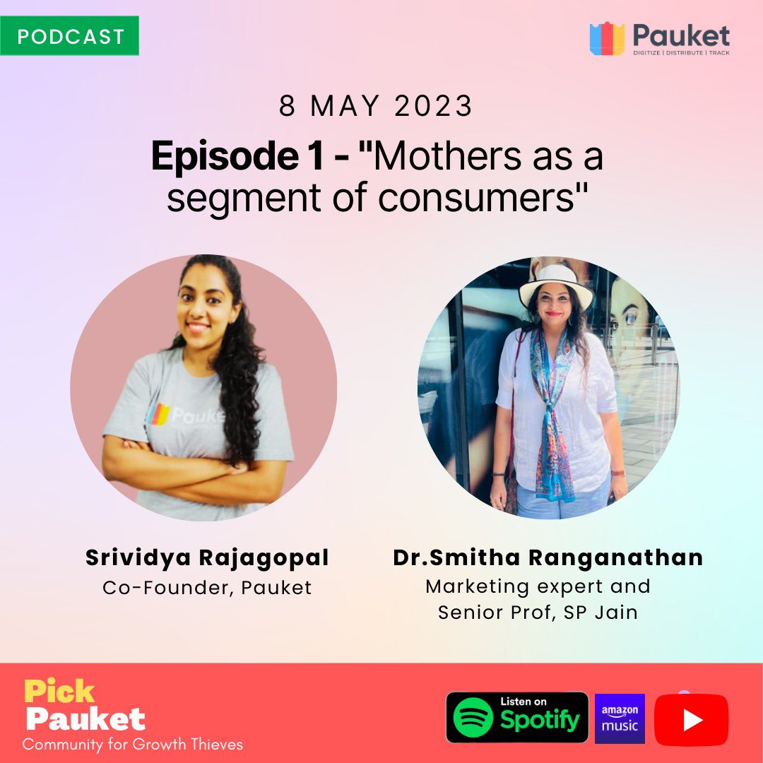 PauketInc's tweet image. Airing our first episode of Pick Pauket on Spotify, Amazon music and Youtube this mother&apos;s day on May 8th where I am in conversation with Dr. Smitha Ranganathan exploring how business view Mothers as consumers! 
#coupons #digitalpromotions #madtech #saasproduct #pickpauket