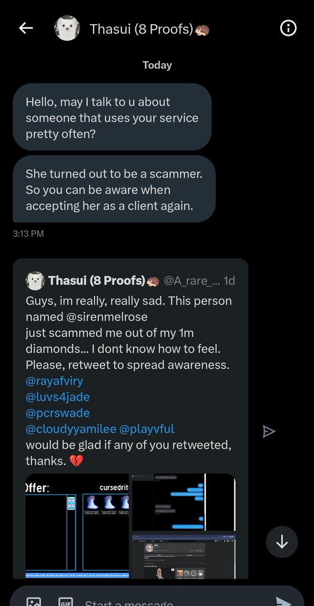LeafyLeaa's tweet photo. @melrosesiren is a scammer, they actually nice and trusted and first but now they turn to be a scammer and I won't accept any kind of excuse to believe them

Roblox user : cursedritualz , ShelleysRevenge , dollsblush

Twitter user : @melrosesiren 

Thread https://t.co/BfBWzgCX8P