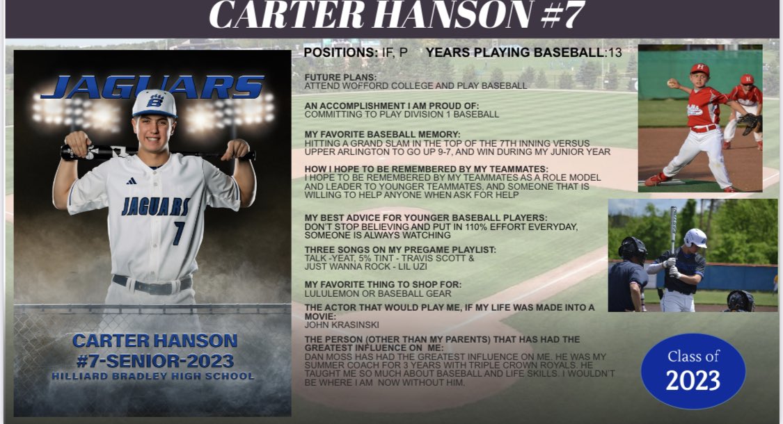 Senior Shout-Out 2023. This week, we recognize Carter Hanson.  We wish you the best of luck in your senior year and for all that awaits you.  #Seniors2023
<a href="/HBHSathletics/">Hilliard Bradley Athletics</a> <a href="/HBJagsBaseball/">Hilliard Bradley Jaguar Baseball</a>