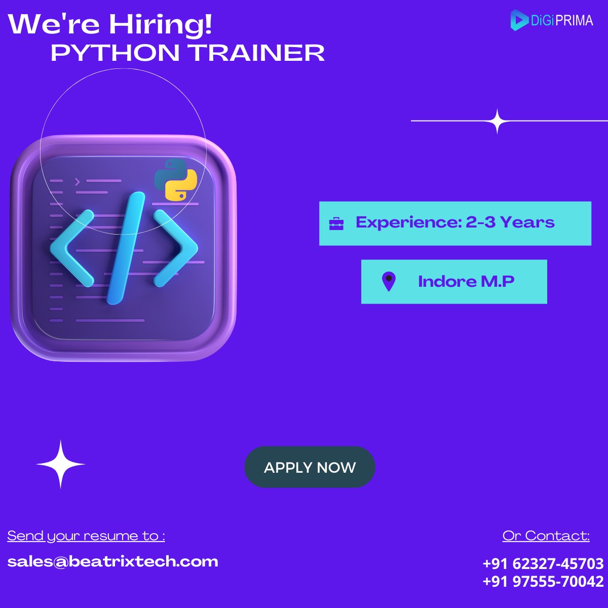 beatrixtech's tweet image. We're hiring experienced Python trainers who have a talent for teaching.
Send your CV to: sales@beatrixtech.com
Call:- +91 62327-45703 or +91 97555-70042
#PythonTrainer #PythonTraining #PythonEducation #PythonTeaching #PythonProgramming #PythonSkills #PythonCommunity